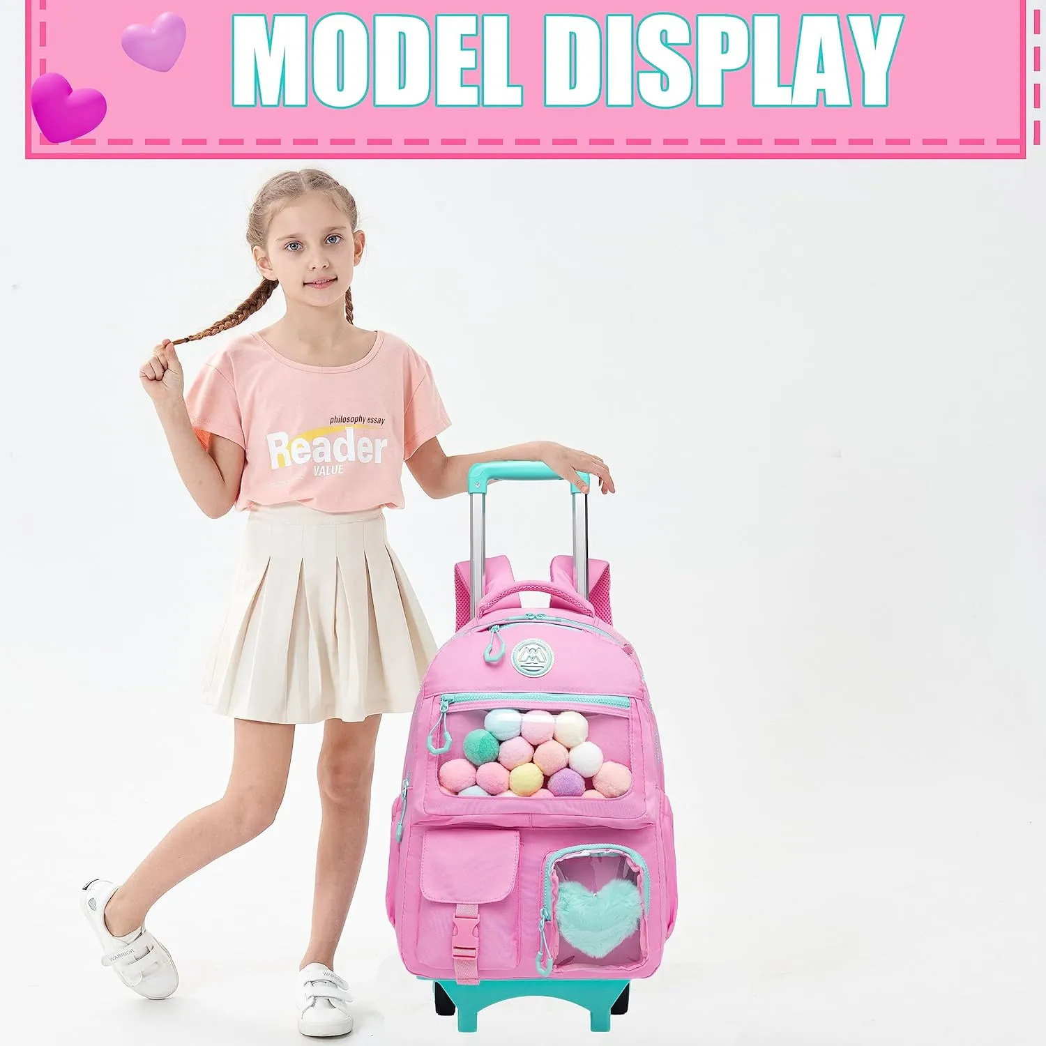 Rolling Backpack for Girls Kids Backpack with Wheels Backpacks for Elementary with Lunch Box Pencil Case Trolley Luggage