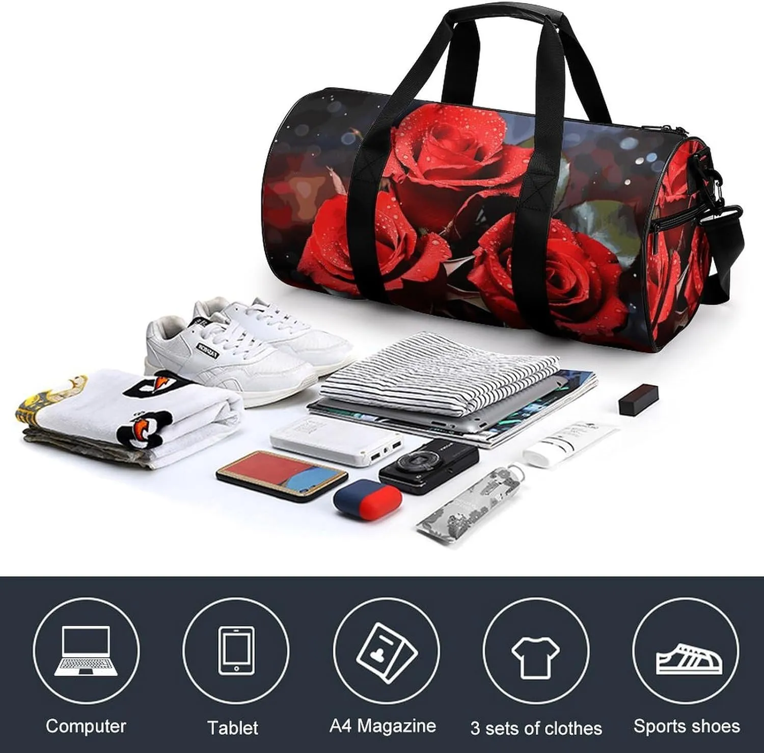 Romantic Red Roses Gym Bag Small Travel Duffle Bag with Compartment Carry On Weekender Bag for Women Men