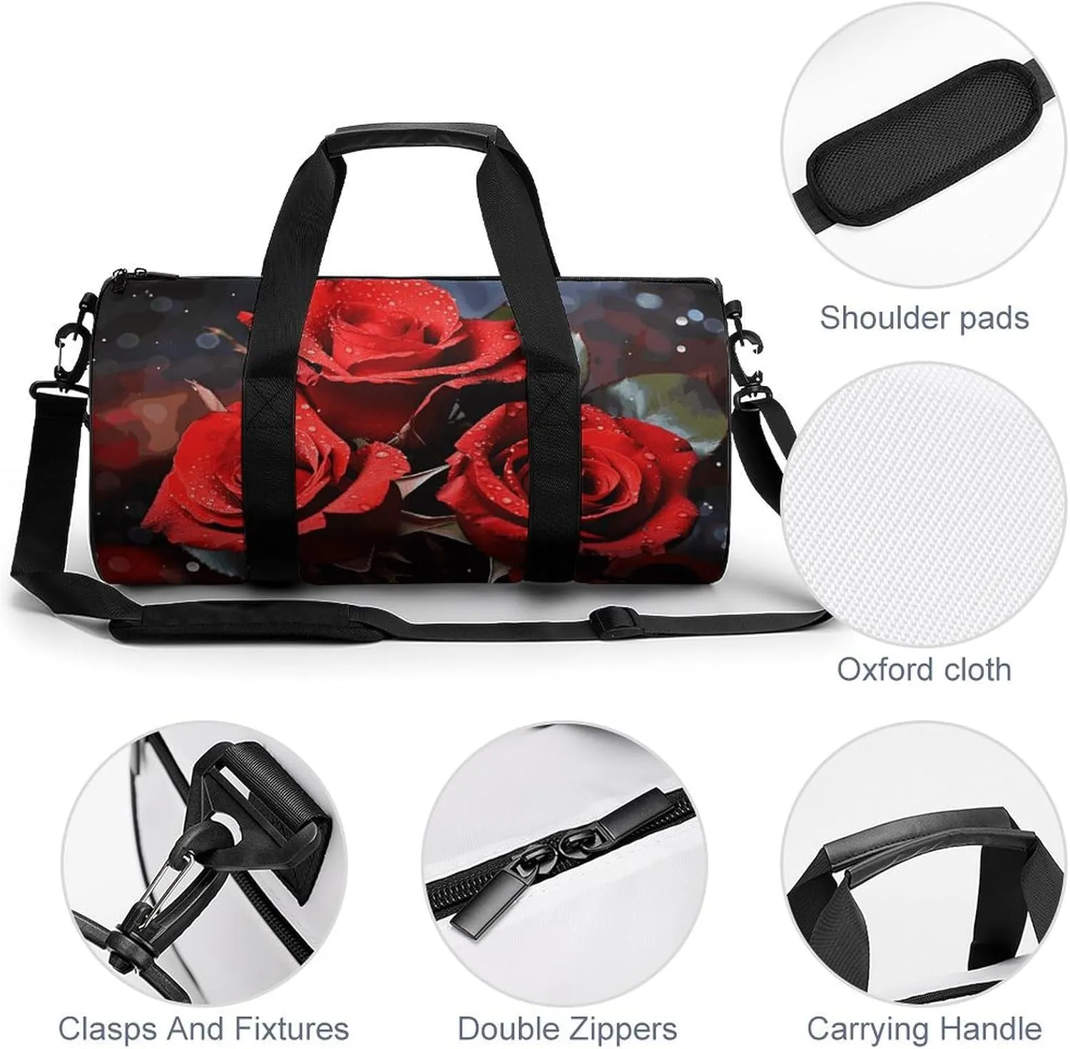 Romantic Red Roses Gym Bag Small Travel Duffle Bag with Compartment Carry On Weekender Bag for Women Men