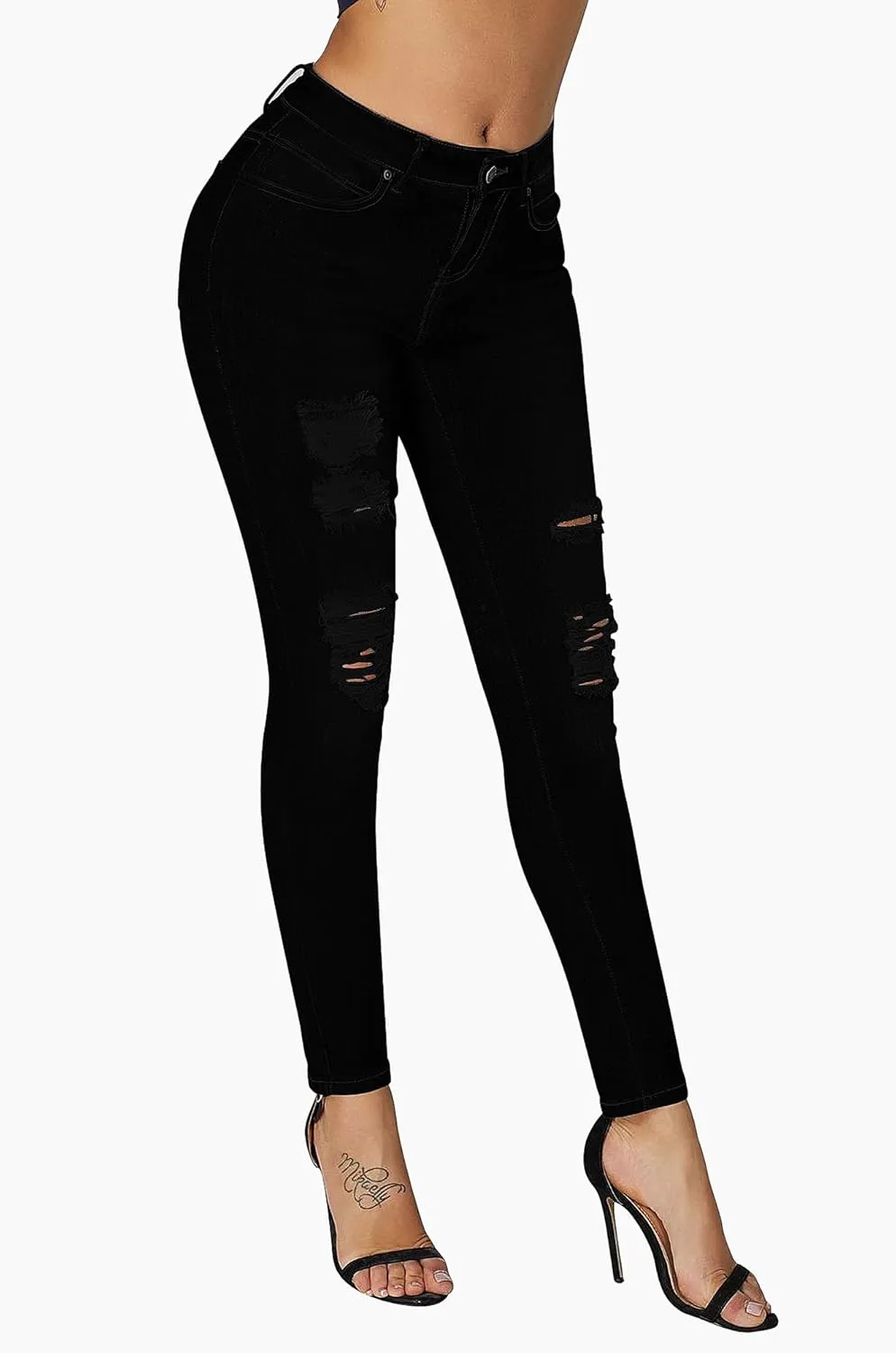 roswear Women's Essentials Ripped Mid Rise Destroyed Skinny Jeans