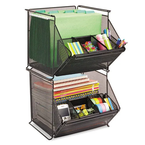 Safco® Onyx Stackable Mesh Storage Bin, 4 Compartments, Steel Mesh, 14 x 15.5 x 11.75, Black