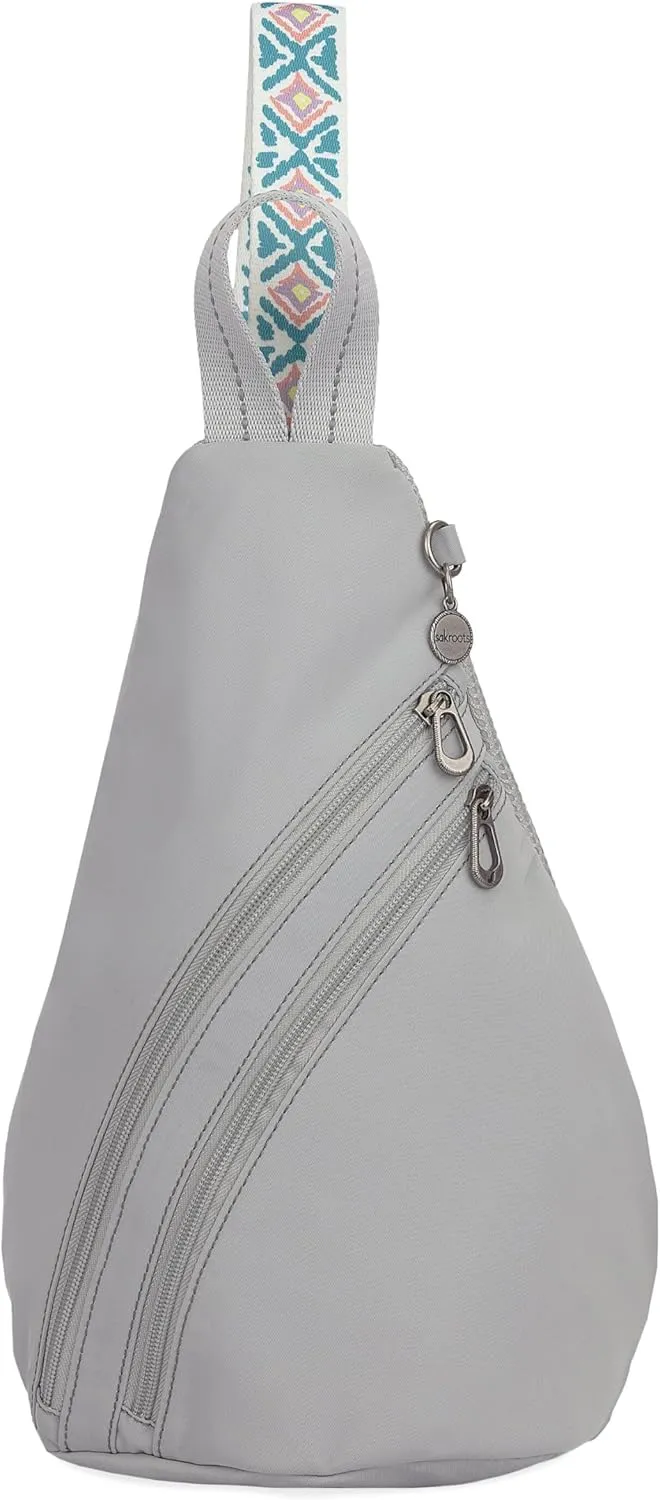 Sakroots On The Go Sling Backpack in Eco Twill, Adjustable Sling Strap, Light Grey