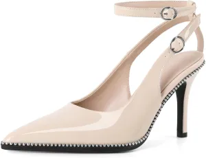 SAMMITOP Women's Slingback Stilettos High Heel Beaded Pumps Pointed Toe Strappy Ankle Strap Dress Shoes 3.5 Inch