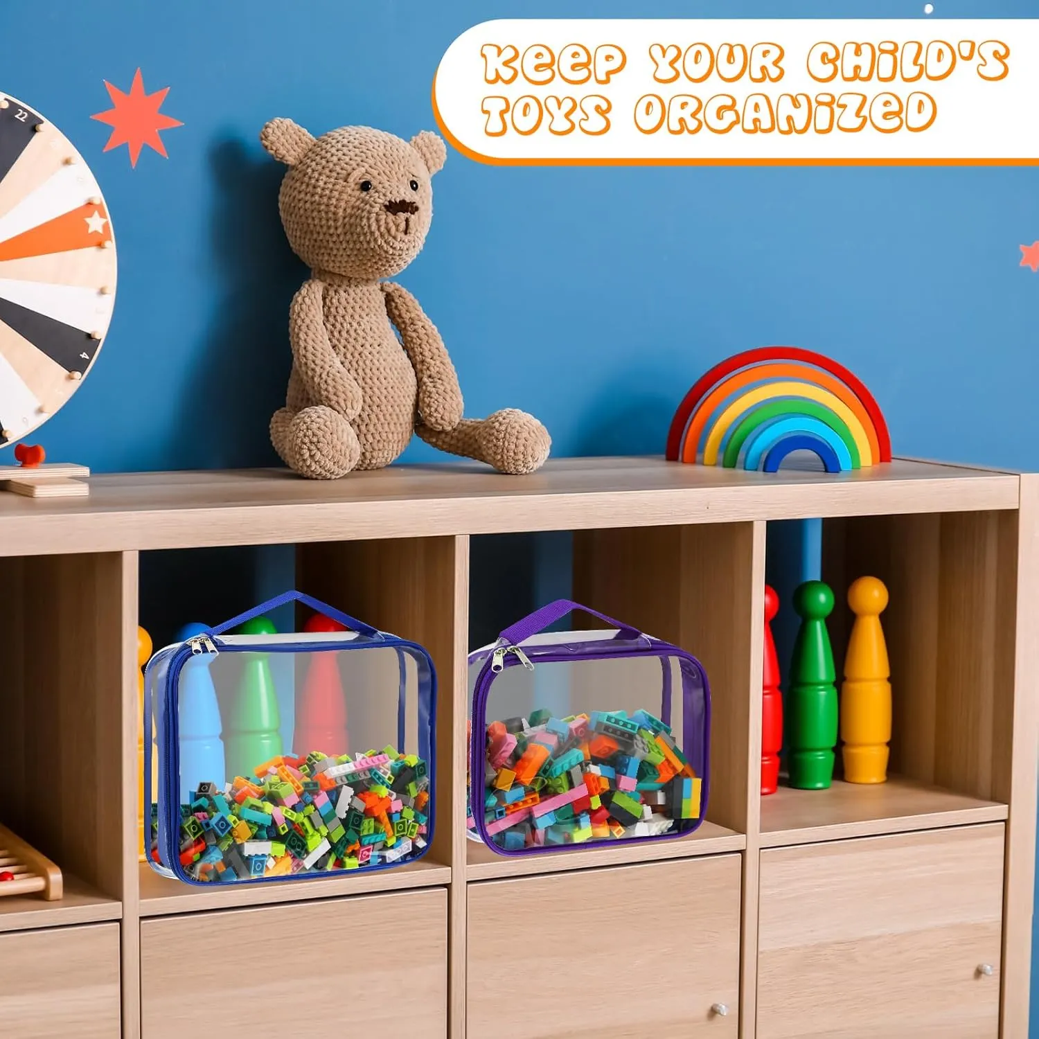Sanwuta 6 Packs Toy Storage Bags, PVC Organizing Case Bags with Zipper, Waterproof Toy Container for Board Games, Building Blocks, Puzzles, Small Toys and Kids Books(Large, Small,Bright Color)