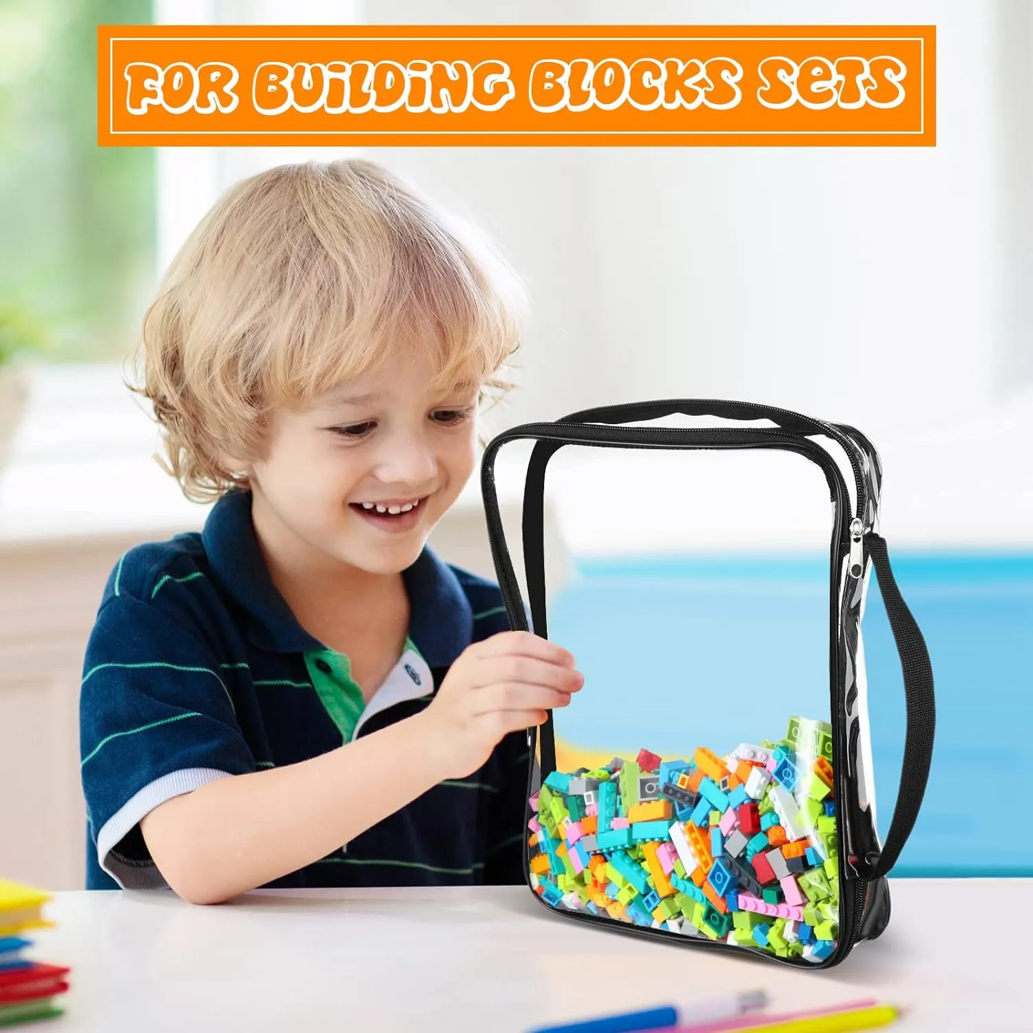 Sanwuta 6 Packs Toy Storage Bags, PVC Organizing Case Bags with Zipper, Waterproof Toy Container for Board Games, Building Blocks, Puzzles, Small Toys and Kids Books(Large,Clear)