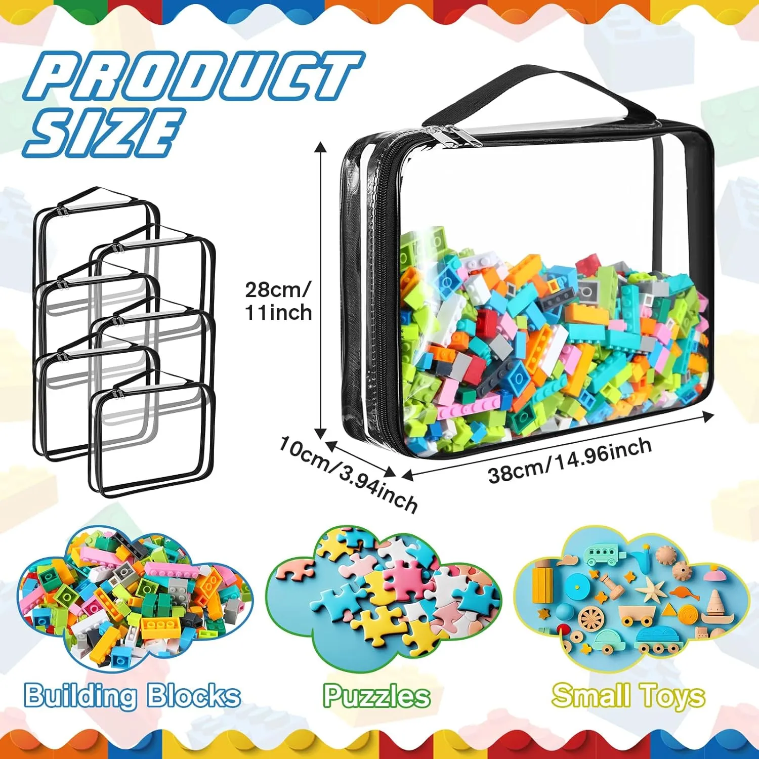 Sanwuta 6 Packs Toy Storage Bags, PVC Organizing Case Bags with Zipper, Waterproof Toy Container for Board Games, Building Blocks, Puzzles, Small Toys and Kids Books(X-Large,Black)