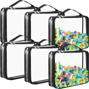 Sanwuta 6 Packs Toy Storage Bags, PVC Organizing Case Bags with Zipper, Waterproof Toy Container for Board Games, Building Blocks, Puzzles, Small Toys and Kids Books(X-Large,Black)