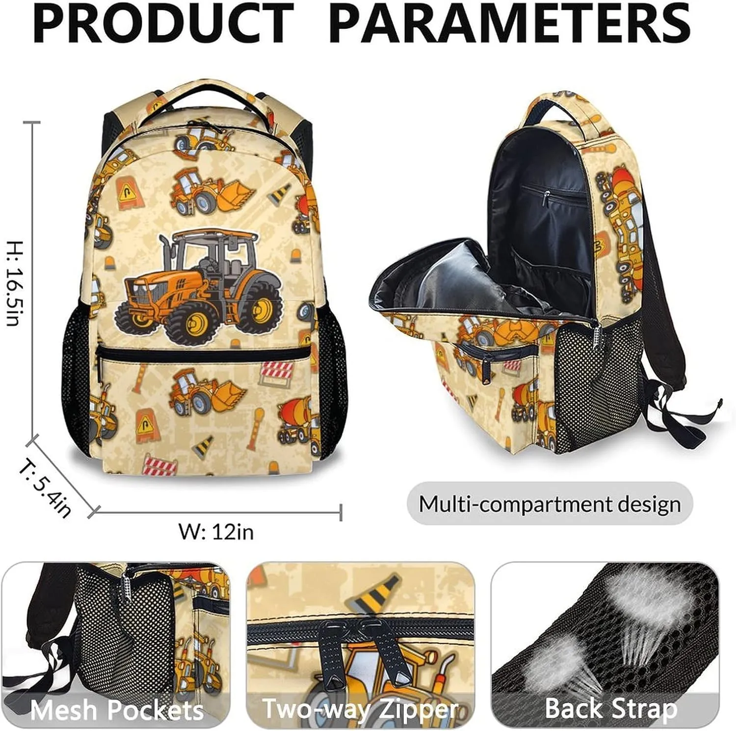 School Backpack with Lunch Box and Pencil Case, Tractor Backpacks Sets for Kids Boys Girls Students 3 in 1 Elementary Lightweight Yellow Bookbag for Preschool Travel