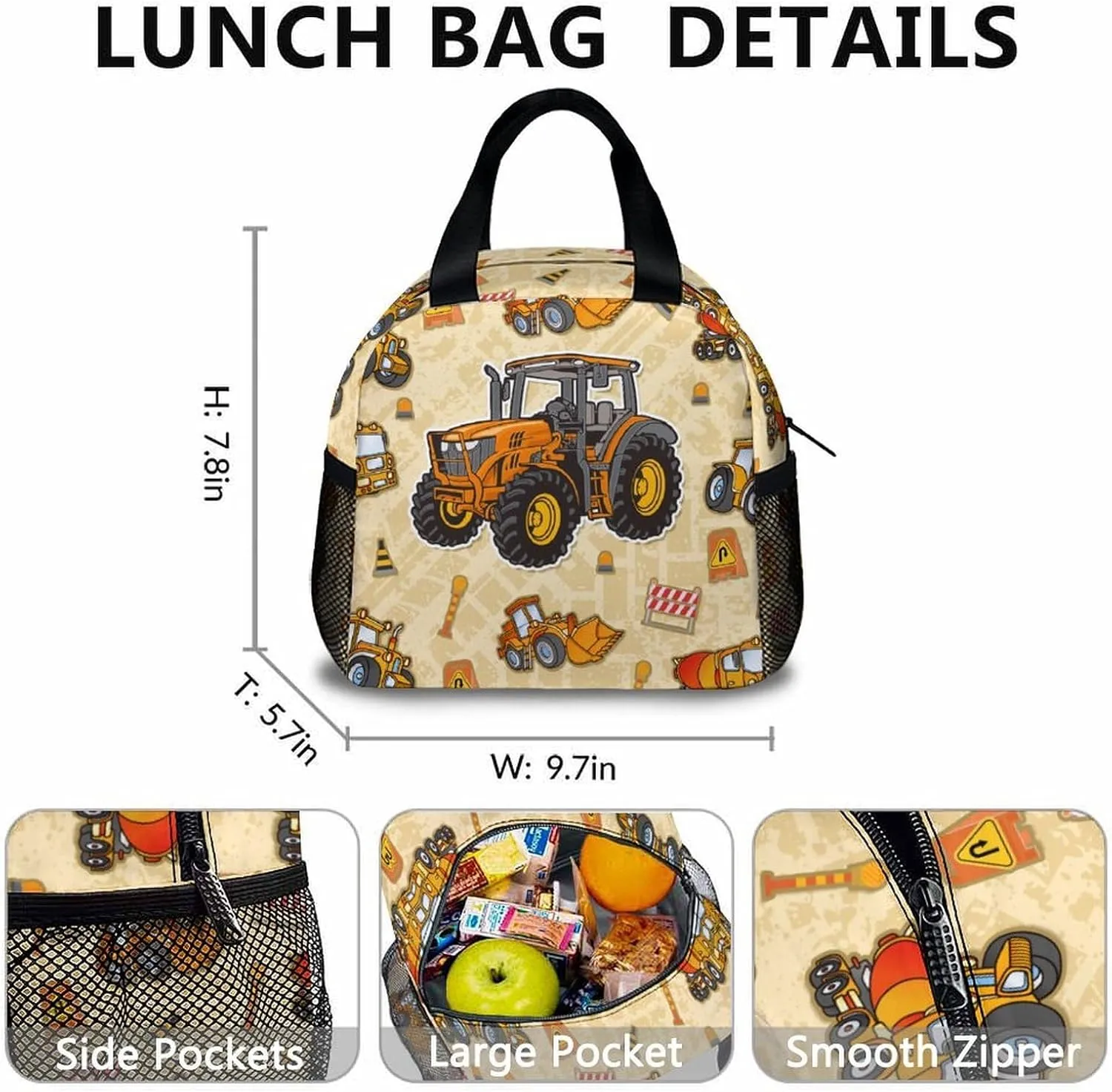 School Backpack with Lunch Box and Pencil Case, Tractor Backpacks Sets for Kids Boys Girls Students 3 in 1 Elementary Lightweight Yellow Bookbag for Preschool Travel