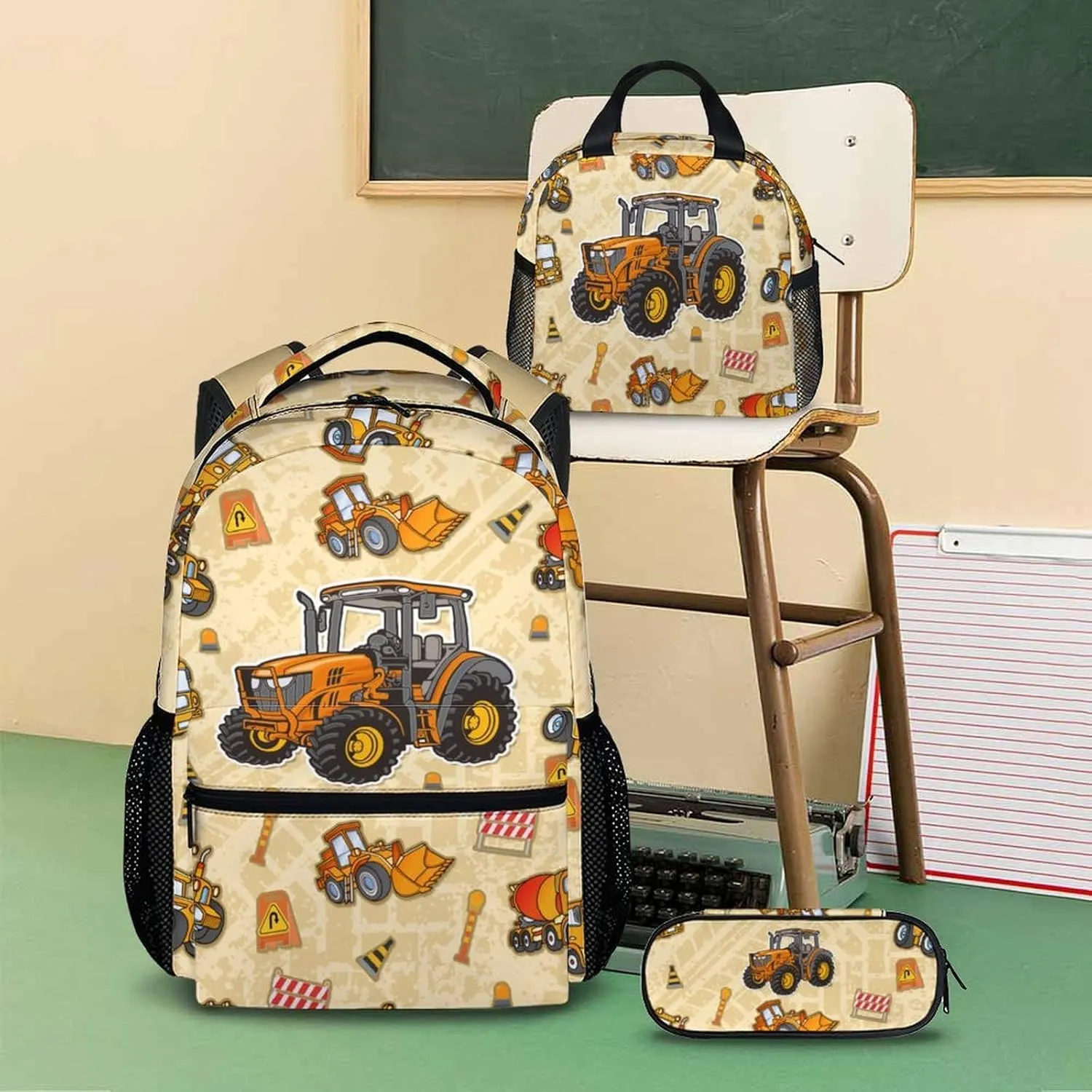 School Backpack with Lunch Box and Pencil Case, Tractor Backpacks Sets for Kids Boys Girls Students 3 in 1 Elementary Lightweight Yellow Bookbag for Preschool Travel