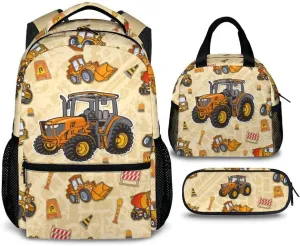 School Backpack with Lunch Box and Pencil Case, Tractor Backpacks Sets for Kids Boys Girls Students 3 in 1 Elementary Lightweight Yellow Bookbag for Preschool Travel