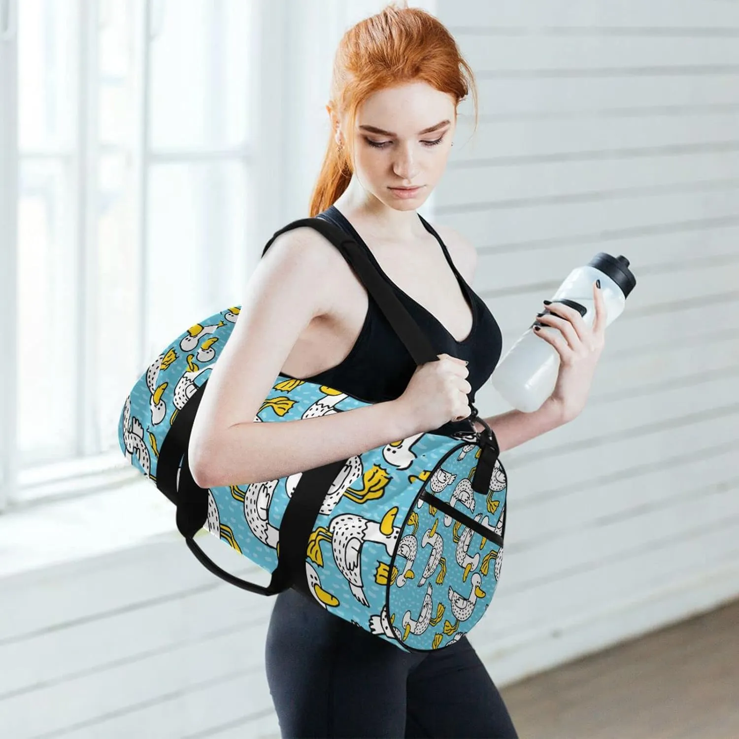 Seamless Cartoon Black Dots Ducks with Yellow Mouth Feet Duffel Bag, Foldable Canvas Travel Tote for Gym Sports with Inner Pockets, Durable Lightweight Fitness Bag for Overnight Workout