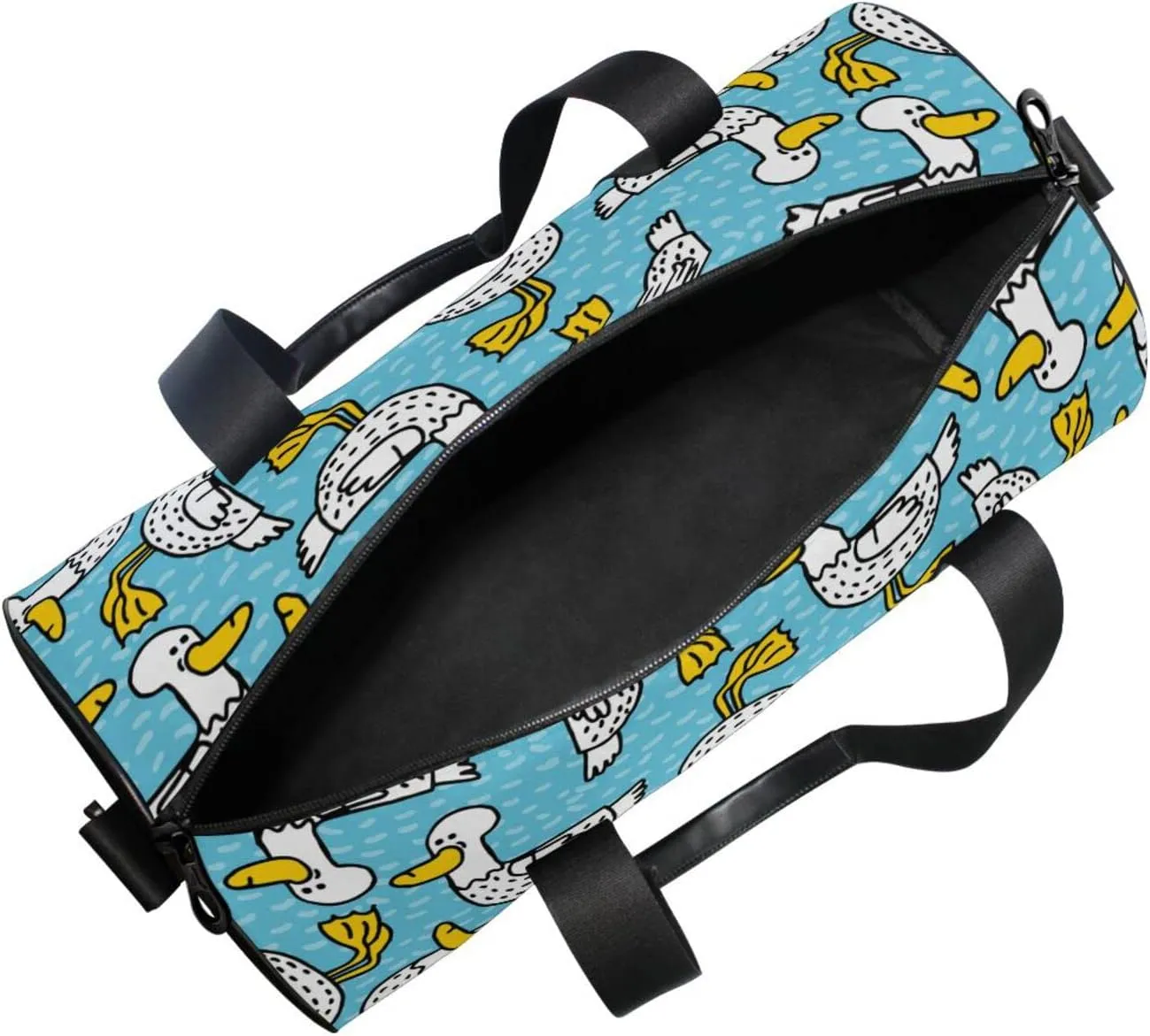 Seamless Cartoon Black Dots Ducks with Yellow Mouth Feet Duffel Bag, Foldable Canvas Travel Tote for Gym Sports with Inner Pockets, Durable Lightweight Fitness Bag for Overnight Workout