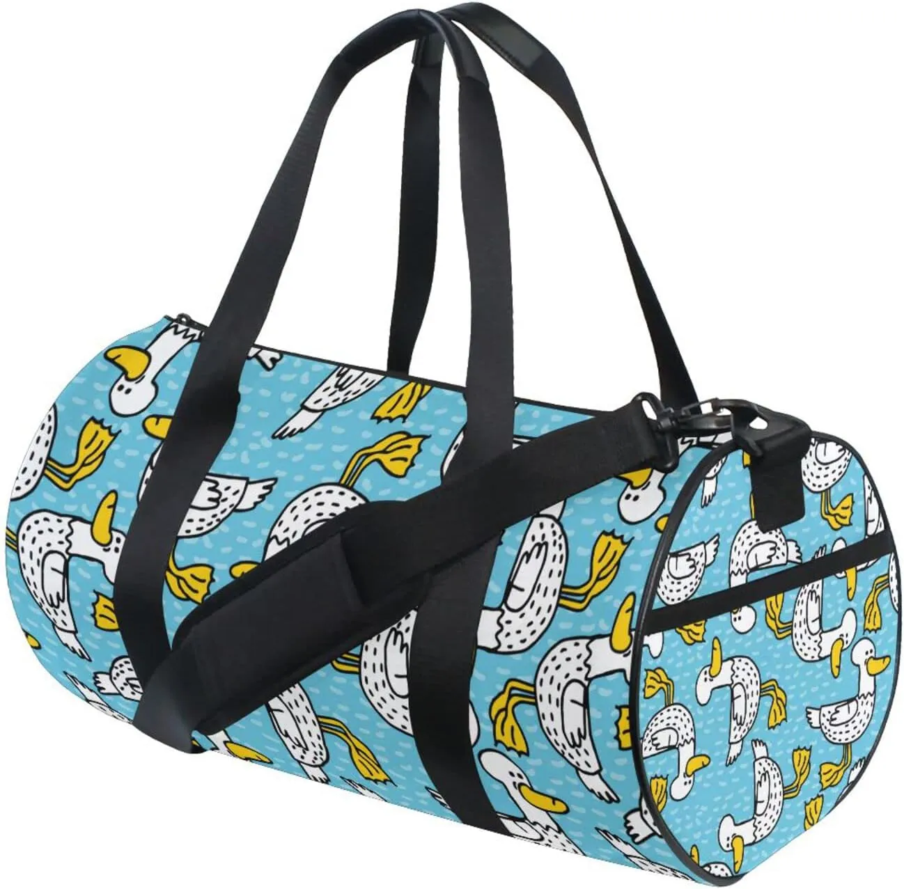 Seamless Cartoon Black Dots Ducks with Yellow Mouth Feet Duffel Bag, Foldable Canvas Travel Tote for Gym Sports with Inner Pockets, Durable Lightweight Fitness Bag for Overnight Workout