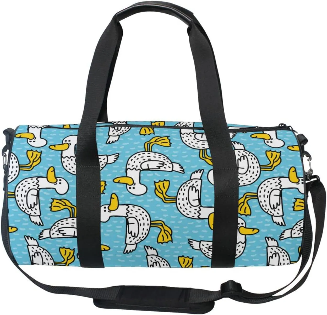 Seamless Cartoon Black Dots Ducks with Yellow Mouth Feet Duffel Bag, Foldable Canvas Travel Tote for Gym Sports with Inner Pockets, Durable Lightweight Fitness Bag for Overnight Workout