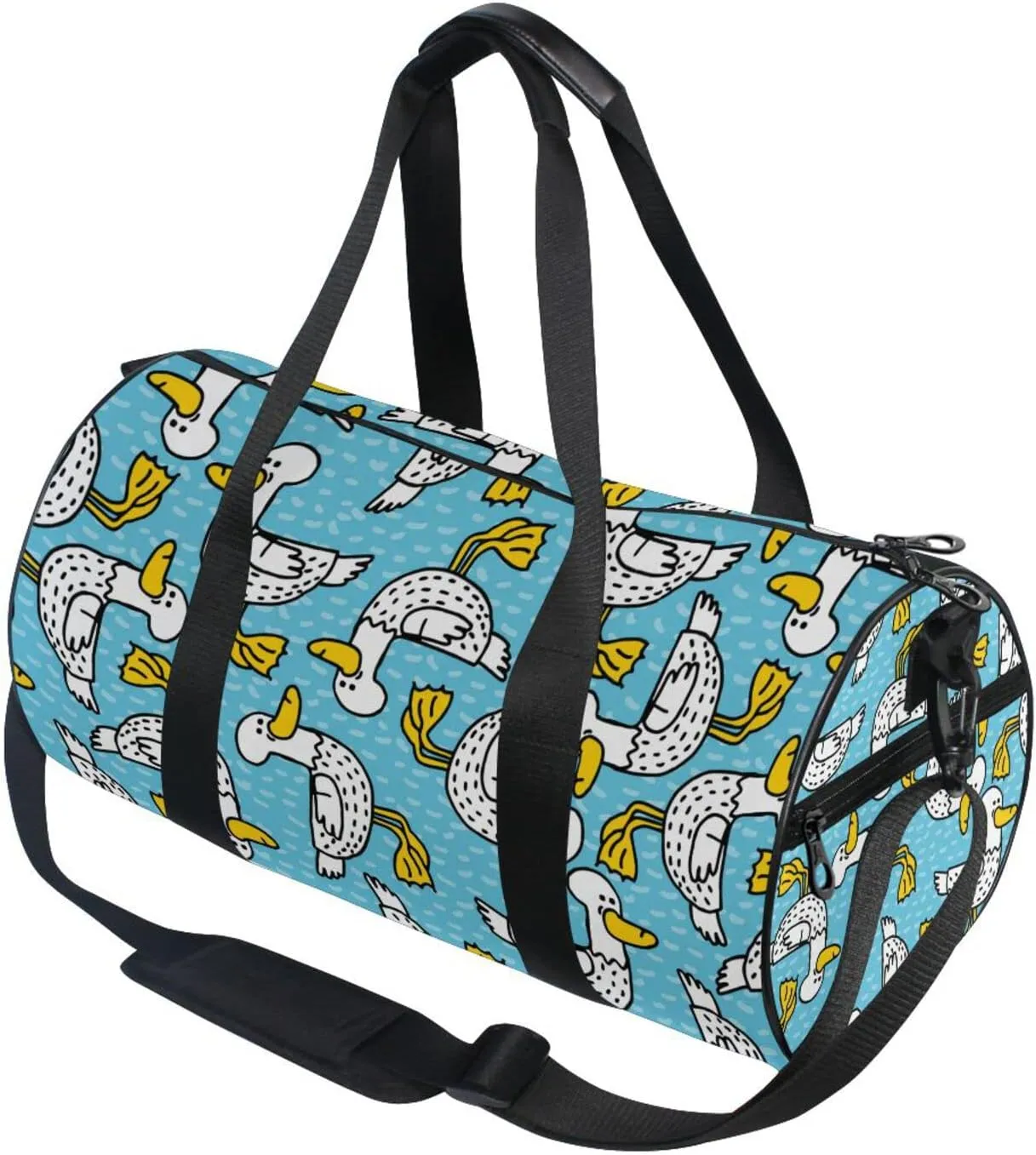 Seamless Cartoon Black Dots Ducks with Yellow Mouth Feet Duffel Bag, Foldable Canvas Travel Tote for Gym Sports with Inner Pockets, Durable Lightweight Fitness Bag for Overnight Workout
