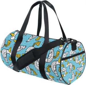 Seamless Cartoon Black Dots Ducks with Yellow Mouth Feet Duffel Bag, Foldable Canvas Travel Tote for Gym Sports with Inner Pockets, Durable Lightweight Fitness Bag for Overnight Workout