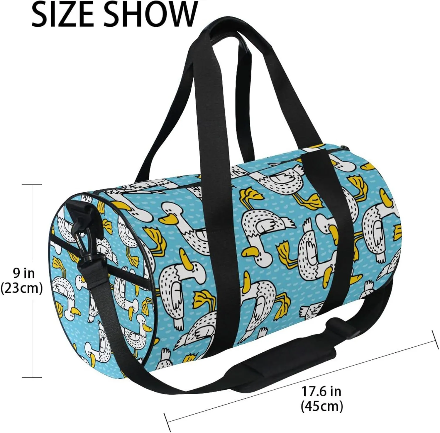 Seamless Cartoon Black Dots Ducks with Yellow Mouth Feet Duffel Bag, Foldable Canvas Travel Tote for Gym Sports with Inner Pockets, Durable Lightweight Fitness Bag for Overnight Workout