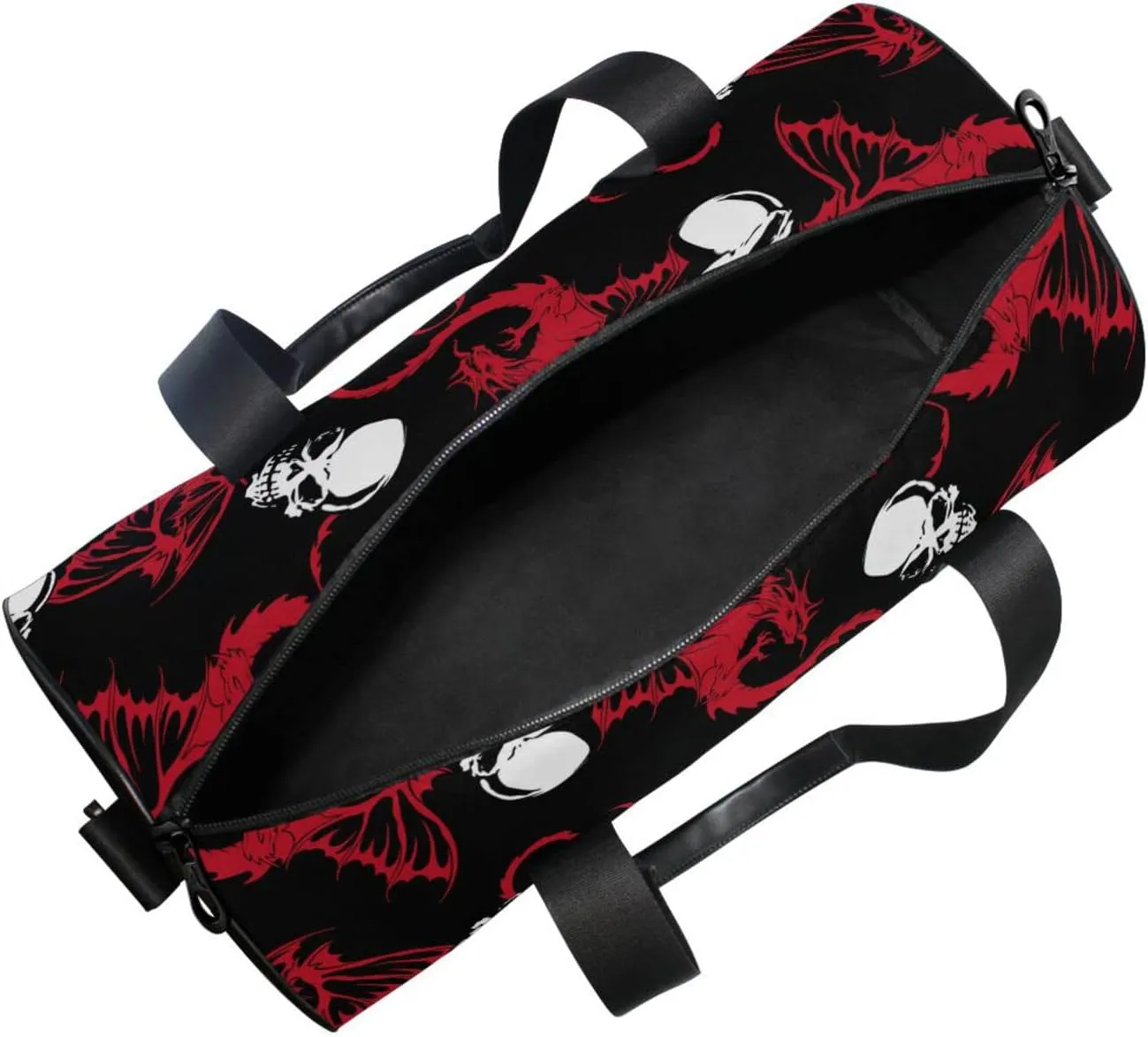 Seamless White Skull and Red Wing Flying Dragon on Dark Black Duffel Bag, Foldable Canvas Travel Tote for Gym Sports with Inner Pockets, Durable Lightweight Fitness Bag for Overnight Workout