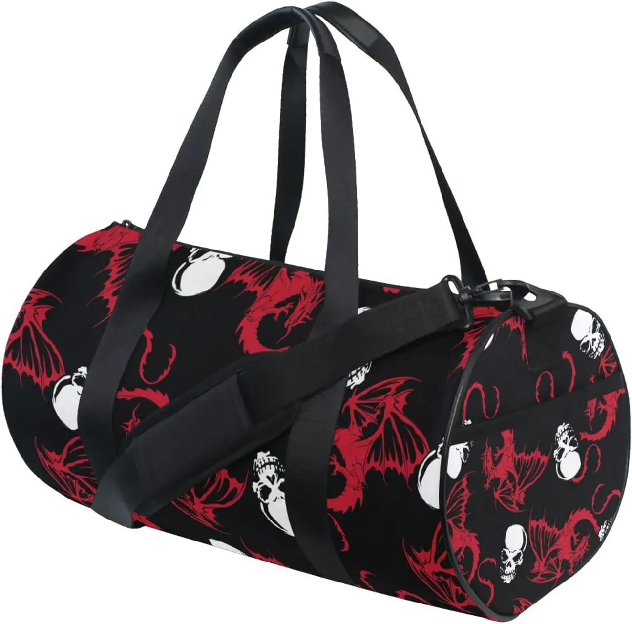 Seamless White Skull and Red Wing Flying Dragon on Dark Black Duffel Bag, Foldable Canvas Travel Tote for Gym Sports with Inner Pockets, Durable Lightweight Fitness Bag for Overnight Workout