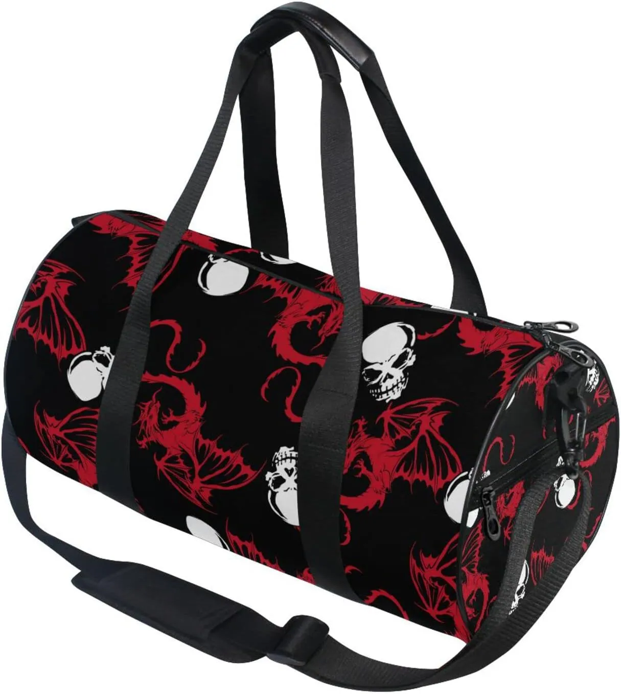 Seamless White Skull and Red Wing Flying Dragon on Dark Black Duffel Bag, Foldable Canvas Travel Tote for Gym Sports with Inner Pockets, Durable Lightweight Fitness Bag for Overnight Workout