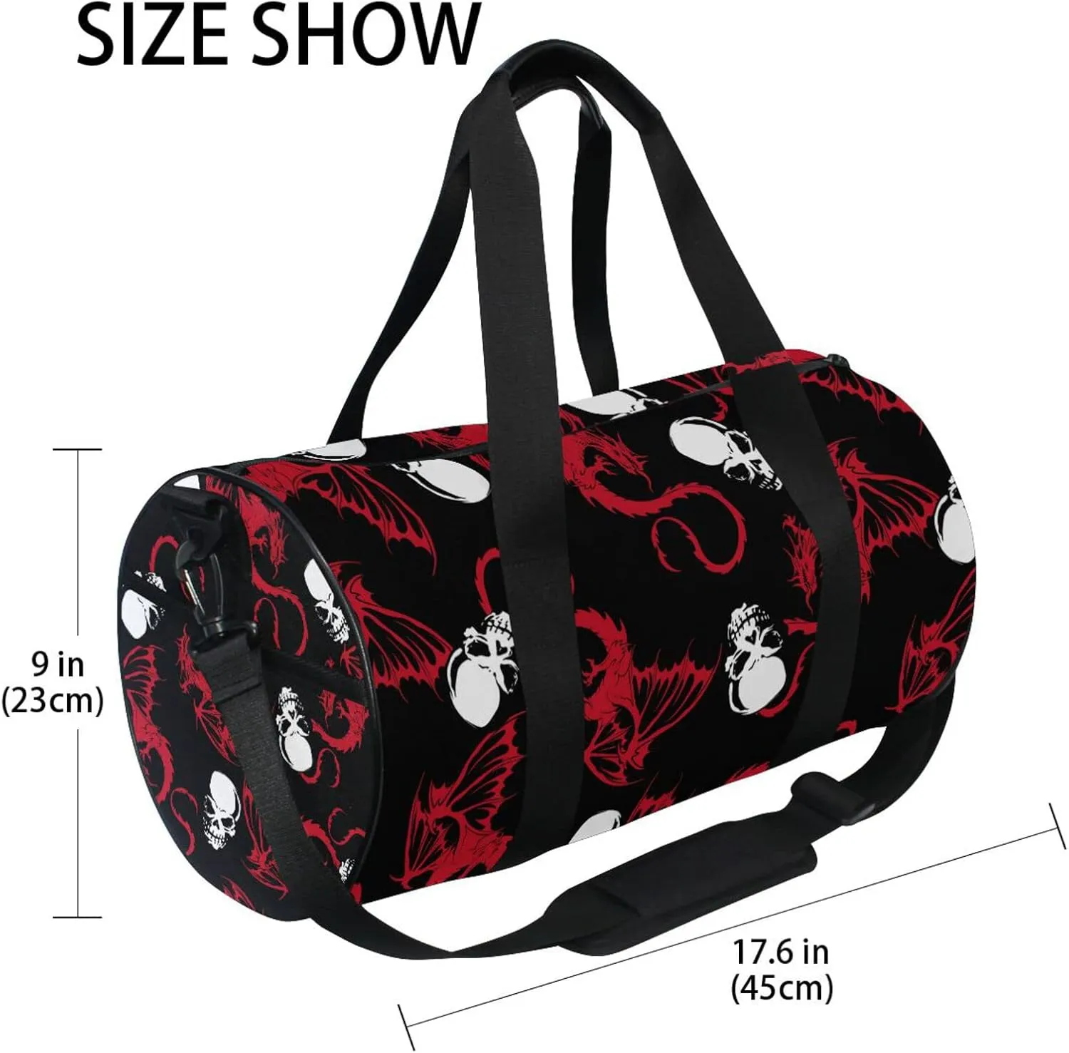 Seamless White Skull and Red Wing Flying Dragon on Dark Black Duffel Bag, Foldable Canvas Travel Tote for Gym Sports with Inner Pockets, Durable Lightweight Fitness Bag for Overnight Workout