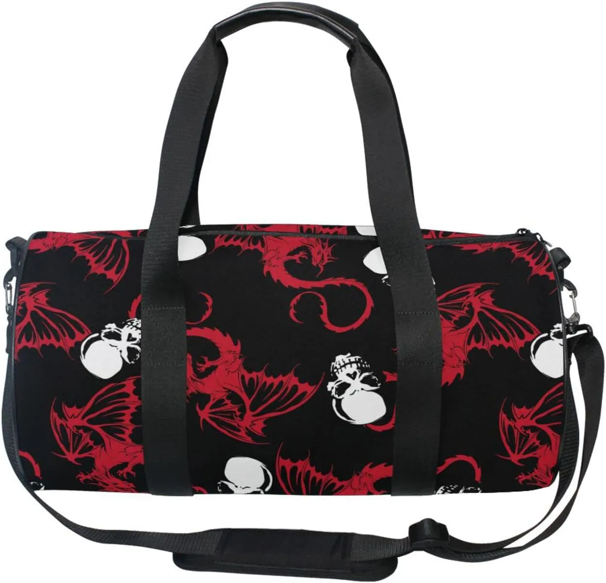 Seamless White Skull and Red Wing Flying Dragon on Dark Black Duffel Bag, Foldable Canvas Travel Tote for Gym Sports with Inner Pockets, Durable Lightweight Fitness Bag for Overnight Workout