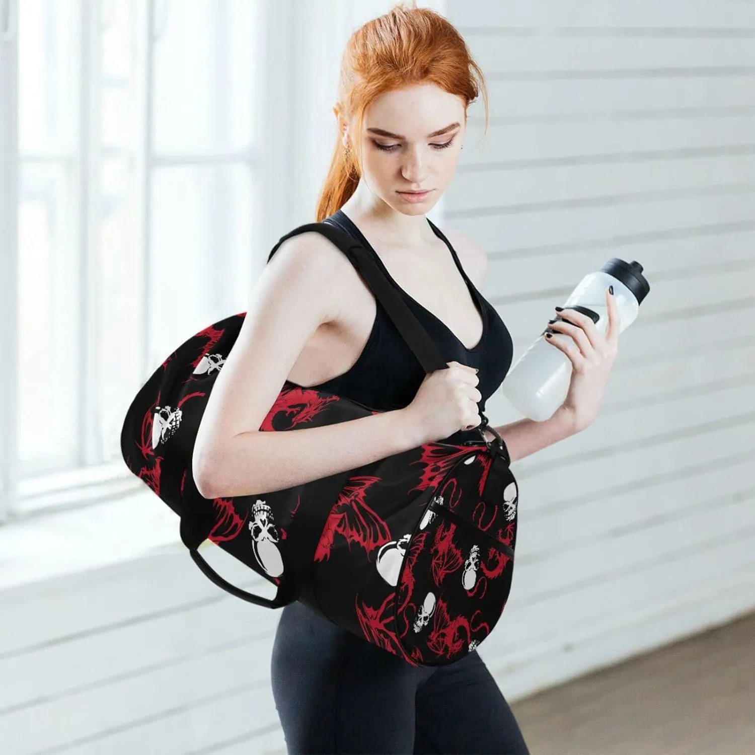 Seamless White Skull and Red Wing Flying Dragon on Dark Black Duffel Bag, Foldable Canvas Travel Tote for Gym Sports with Inner Pockets, Durable Lightweight Fitness Bag for Overnight Workout
