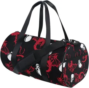 Seamless White Skull and Red Wing Flying Dragon on Dark Black Duffel Bag, Foldable Canvas Travel Tote for Gym Sports with Inner Pockets, Durable Lightweight Fitness Bag for Overnight Workout