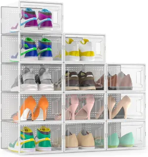 Secret Space 12 Pack XX Large Shoe Storage Organizer for Closet, Modular Space Saving Shoe Boxes Clear Plastic Stackable Containers Display Case Bins with Lids, Shoe Rack for Sneaker Storage, White02