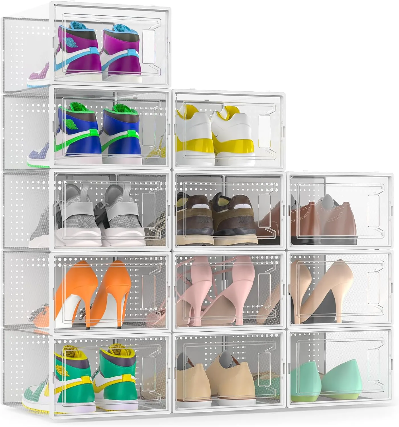 Secret Space 12 Pack XX Large Shoe Storage Organizer for Closet, Modular Space Saving Shoe Boxes Clear Plastic Stackable Containers Display Case Bins with Lids, Shoe Rack for Sneaker Storage, White02
