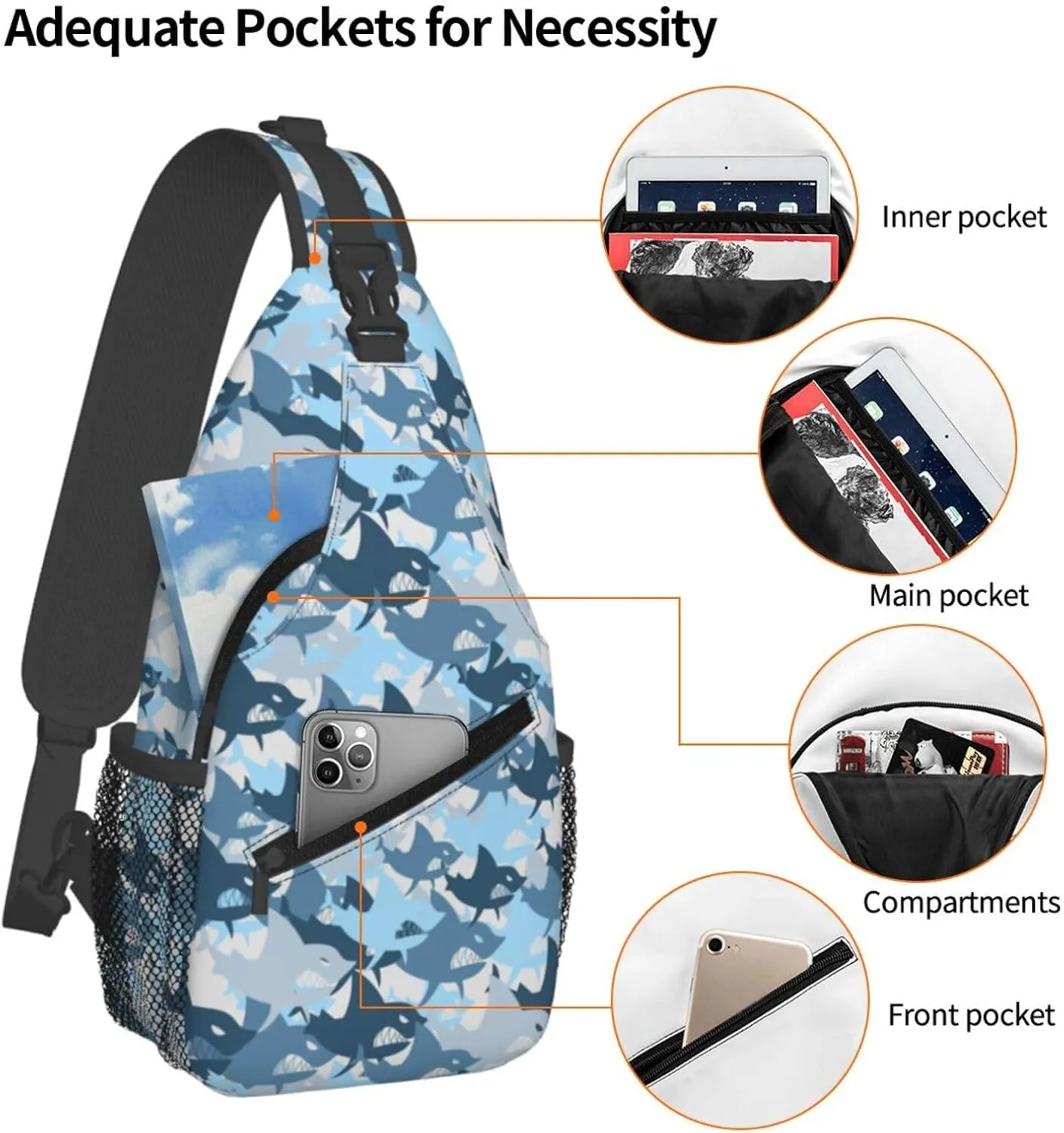 Shark Military Army Background Of Fish Chest Sling Bag Crossbody Shoulder Backpack Bag Gym Cycling Travel Hiking Daypack Cross Bag