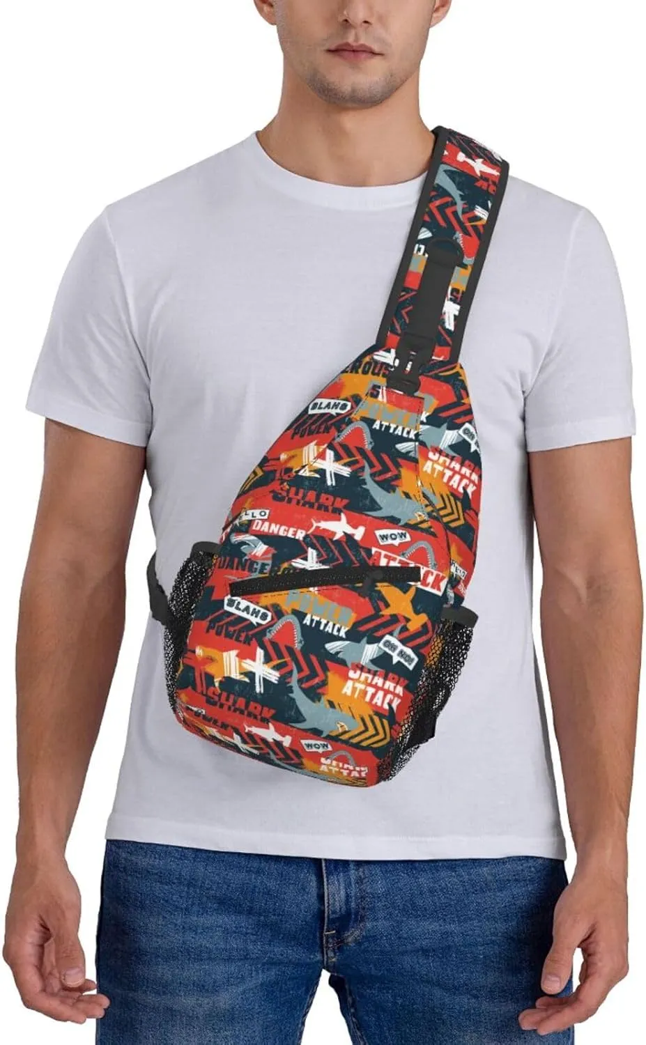 Shark Silhouette Grunge Linear Red Arrows Chest Sling Bag Crossbody Shoulder Backpack Bag Gym Cycling Daypack Travel Hiking Cross Bag