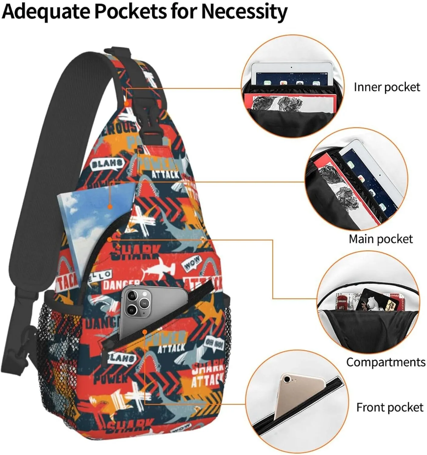 Shark Silhouette Grunge Linear Red Arrows Chest Sling Bag Crossbody Shoulder Backpack Bag Gym Cycling Daypack Travel Hiking Cross Bag
