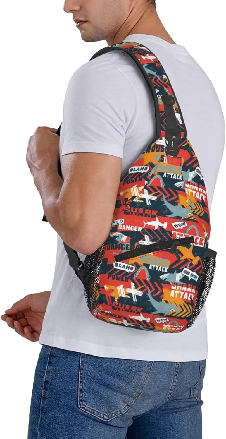 Shark Silhouette Grunge Linear Red Arrows Chest Sling Bag Crossbody Shoulder Backpack Bag Gym Cycling Daypack Travel Hiking Cross Bag