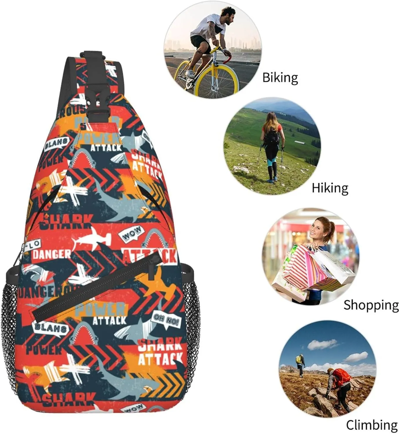 Shark Silhouette Grunge Linear Red Arrows Chest Sling Bag Crossbody Shoulder Backpack Bag Gym Cycling Daypack Travel Hiking Cross Bag