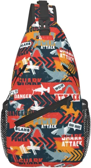 Shark Silhouette Grunge Linear Red Arrows Chest Sling Bag Crossbody Shoulder Backpack Bag Gym Cycling Daypack Travel Hiking Cross Bag