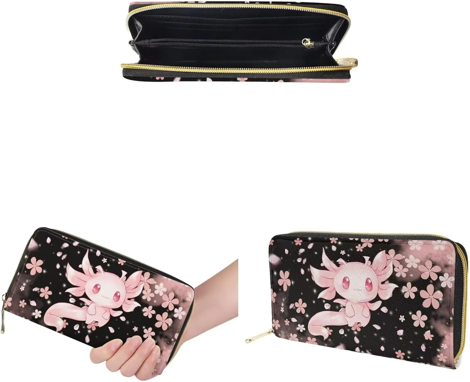 Showudesigns Cute Axolotl Backpack Purse for Women Mini Backpacks Leather Shoulder Bags for Travel Work Handbag Cherry Blossom Backpacks Purse and Wallet Set Teens Girls Small Pouch 2 Pack