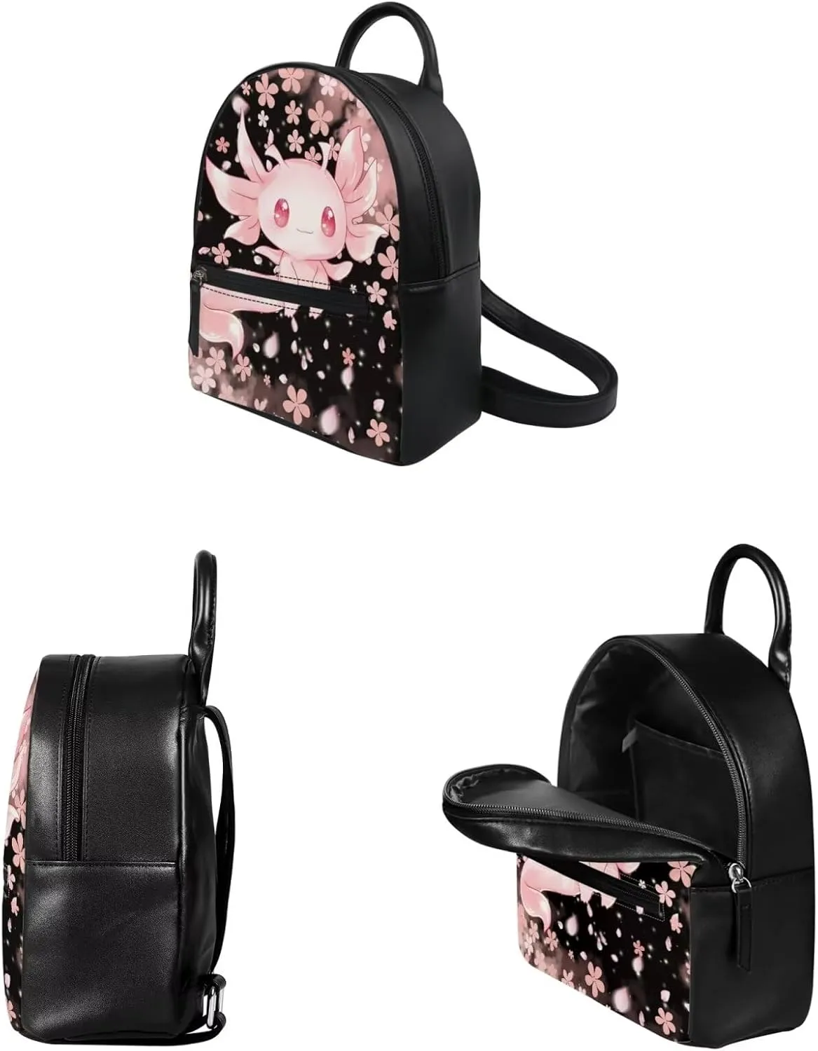 Showudesigns Cute Axolotl Backpack Purse for Women Mini Backpacks Leather Shoulder Bags for Travel Work Handbag Cherry Blossom Backpacks Purse and Wallet Set Teens Girls Small Pouch 2 Pack