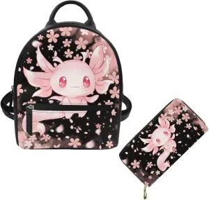 Showudesigns Cute Axolotl Backpack Purse for Women Mini Backpacks Leather Shoulder Bags for Travel Work Handbag Cherry Blossom Backpacks Purse and Wallet Set Teens Girls Small Pouch 2 Pack