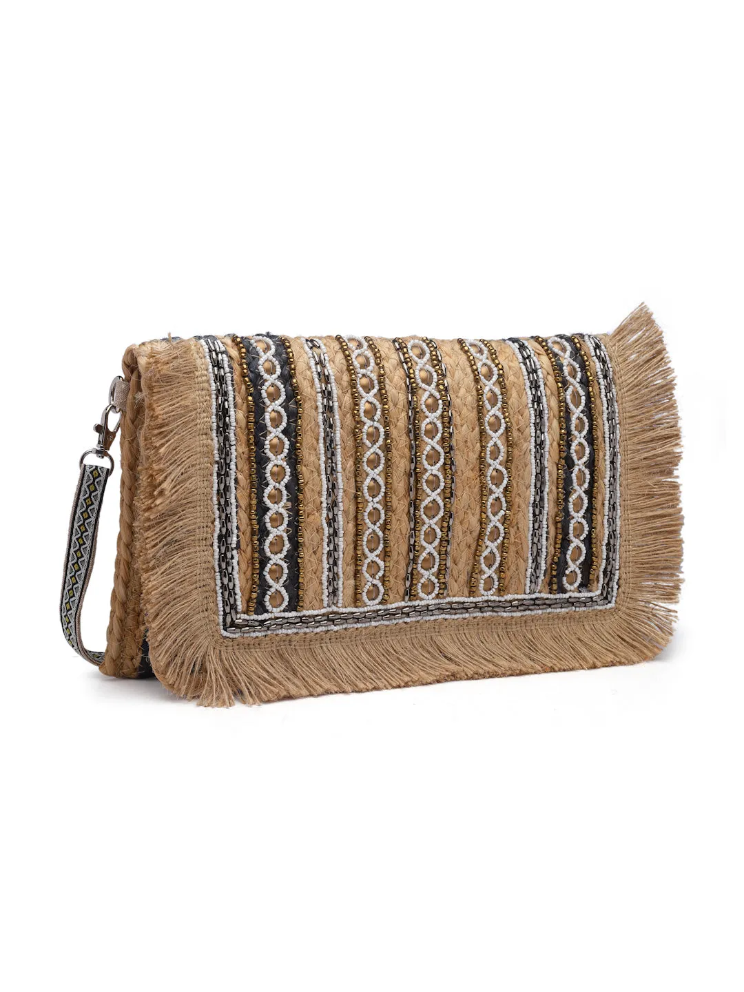 Sisal Striped & Embellished Jute Sling Bag