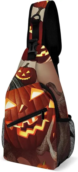 Sling Bag Anti Theft Carved Halloween Pumpkin Crossbody Shoulder Backpack Autumn Tree Adjustable Lightweight Travel Hiking Chest Bag for Men Women