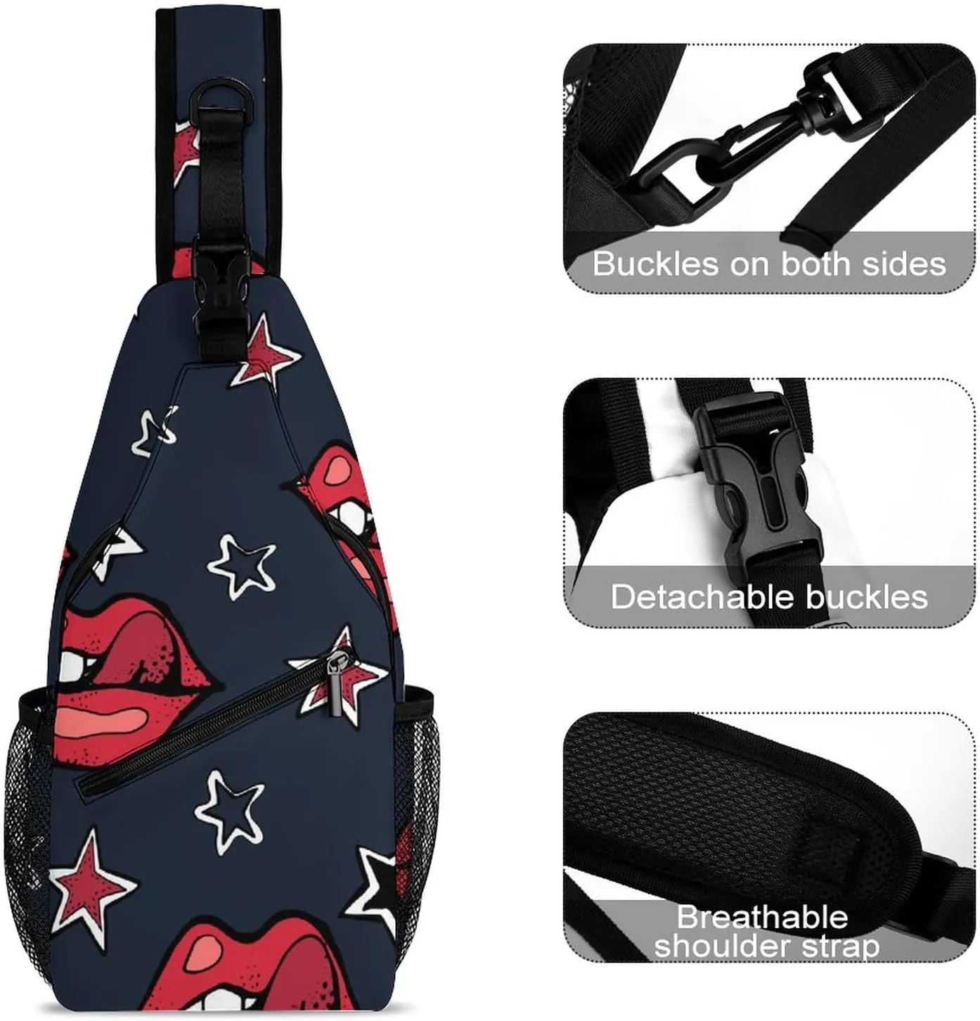 Sling Bag Chest Crossbody Backpack Lips Stars Watercolor Travel Hiking Daypack for Women Men with Strap Purse Lightweight Chest Bags