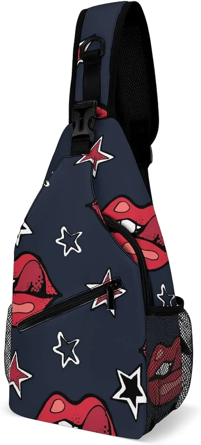 Sling Bag Chest Crossbody Backpack Lips Stars Watercolor Travel Hiking Daypack for Women Men with Strap Purse Lightweight Chest Bags