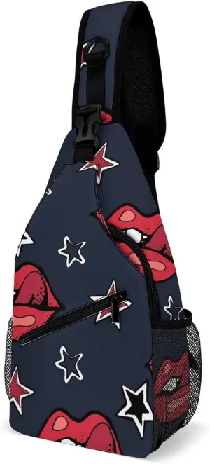 Sling Bag Chest Crossbody Backpack Lips Stars Watercolor Travel Hiking Daypack for Women Men with Strap Purse Lightweight Chest Bags