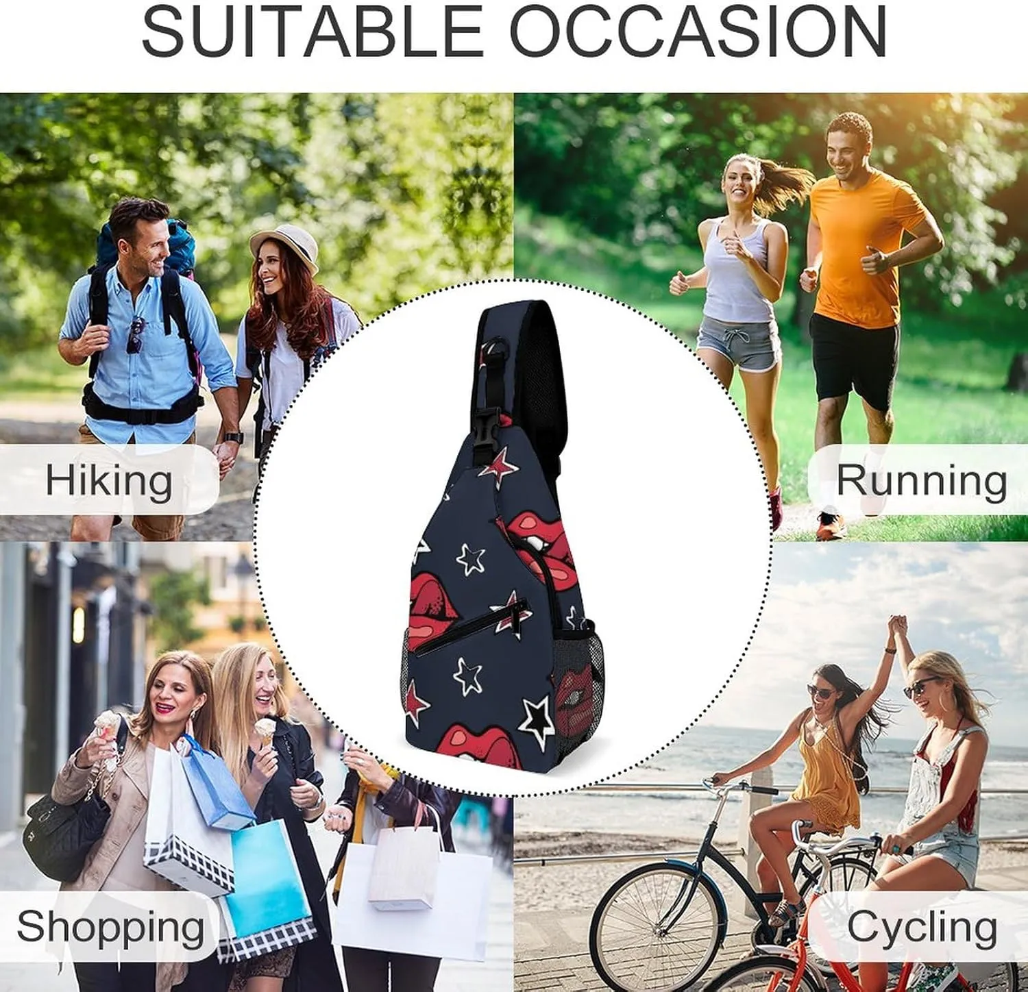 Sling Bag Chest Crossbody Backpack Lips Stars Watercolor Travel Hiking Daypack for Women Men with Strap Purse Lightweight Chest Bags