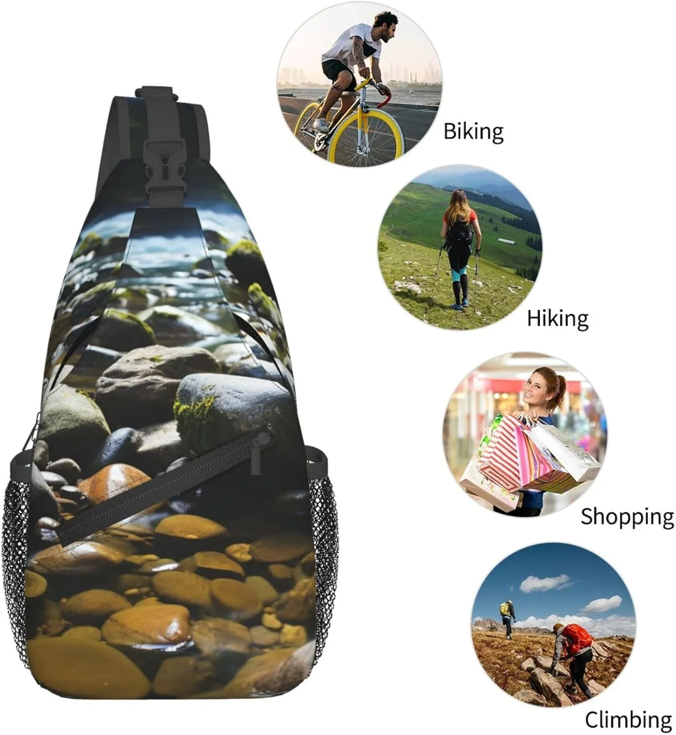 Sling Bag Crossbody Backpack for Men Women Stream stones Chest Bag Crossbody Bag for Travel Sport Running