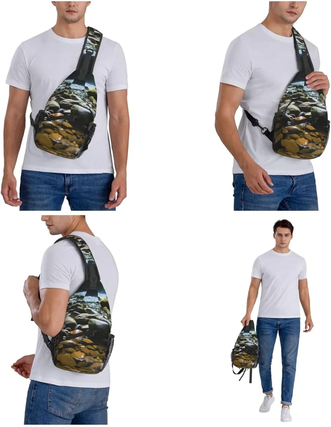 Sling Bag Crossbody Backpack for Men Women Stream stones Chest Bag Crossbody Bag for Travel Sport Running