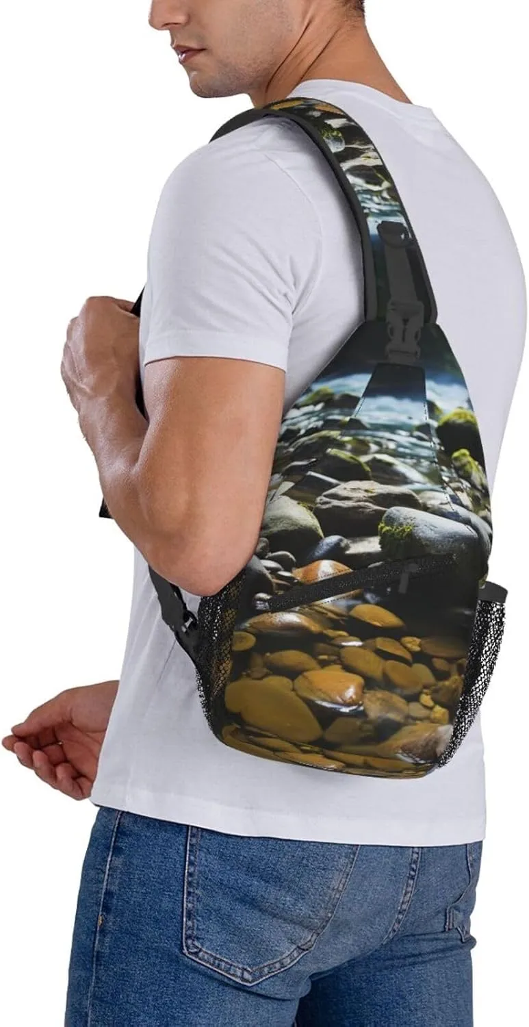 Sling Bag Crossbody Backpack for Men Women Stream stones Chest Bag Crossbody Bag for Travel Sport Running