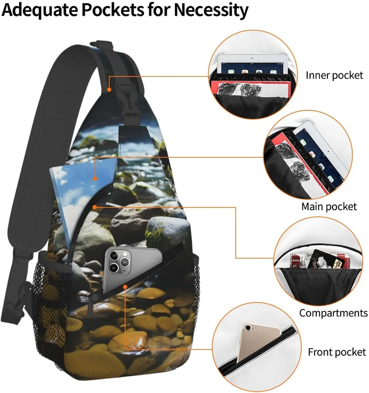 Sling Bag Crossbody Backpack for Men Women Stream stones Chest Bag Crossbody Bag for Travel Sport Running